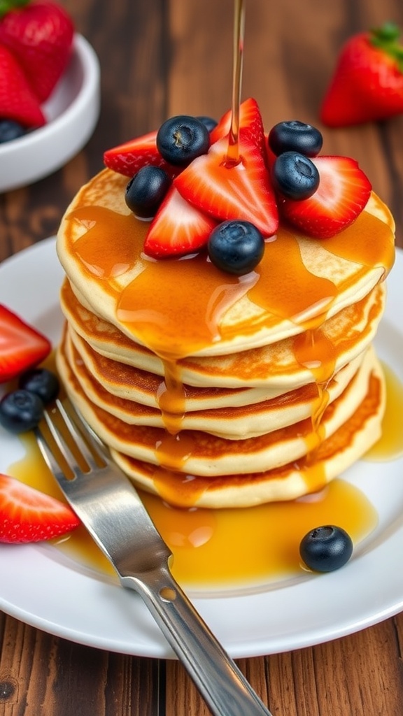 A stack of golden pancakes topped with strawberries and blueberries, served with syrup on a rustic table.